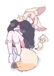  1girl :3 absurdres animal_ears black_jacket black_skirt blonde_hair blush closed_eyes commentary_request creature_and_personification double_bun fennec_fox fox_ears fox_girl fox_tail full_body hair_between_eyes hair_bun highres jacket large_ears long_sleeves lying medium_hair megateru midriff miniskirt navel off_shoulder on_back open_clothes open_jacket original pleated_skirt puffy_long_sleeves puffy_sleeves red_eyes school_uniform serafuku shirt simple_background skirt sleeves_past_fingers sleeves_past_wrists socks tail white_background white_shirt white_socks 