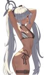  1girl absurdres armpits arms_behind_head ass belt bikini black_bikini black_halo black_ribbon blue_archive breasts brown_belt dark-skinned_female dark_skin hair_over_one_eye hair_ribbon halo highres iori_(blue_archive) iori_(swimsuit)_(blue_archive) long_hair looking_at_viewer medium_breasts mong_na official_alternate_costume open_mouth pointy_ears red_eyes ribbon side-tie_bikini_bottom simple_background solo swimsuit thigh_belt thigh_strap twintails very_long_hair white_background 