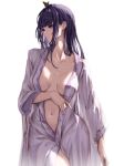  1girl absurdres bakemonsou breasts cleavage closed_mouth collarbone commentary_request genshin_impact hair_ornament highres japanese_clothes kimono large_breasts long_hair long_sleeves navel purple_eyes purple_hair purple_kimono raiden_shogun sidelocks simple_background solo white_background 