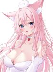  1girl absurdres animal_ear_fluff animal_ears blue_eyes blush breasts bright_pupils choker cleavage commission fox_ears heart heart-shaped_pupils highres indie_virtual_youtuber large_breasts long_hair mochiimochii_(vtuber) open_mouth pink_hair skeb_commission solo suineco symbol-shaped_pupils very_long_hair virtual_youtuber white_choker white_pupils 