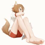  1boy animal_ear_fluff animal_ears aqua_eyes bare_legs barefoot brown_hair bulge cellphone crossdressing crossed_legs dog_boy dog_ears dog_tail eyelashes eyeliner feet foot_focus foreshortening full_body genshin_impact gorou_(genshin_impact) grey_background grey_hair gym_uniform highres holding knees_up legs makeup male_focus medium_hair multicolored_hair phone red_shorts shirt short_shorts short_sleeves shorts simple_background sitting smartphone soles solo streaked_hair swept_bangs tail tcsalmon toenails toes twitter_username white_shirt 