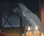 2013 aliasing ambiguous_gender blue_claws blue_eyes blue_nose blue_pawpads bluekyokitty candle canid canine canis claws collie detailed_background digital_drawing_(artwork) digital_media_(artwork) domestic_dog feral fur grey_body grey_fur herding_dog inside lit_candle looking_out_window mammal night pastoral_dog pawpads paws sebdoggo shaded sheepdog sitting solo window winter