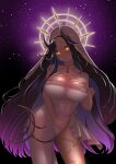  1girl absurdres between_legs black_brooch black_hair blue_hair blush breast_suppress breasts brown_eyes chest_belt cleavage closed_mouth cocorog commentary_request contrapposto cowboy_shot demon_girl demon_horns demon_tail dress glowing glowing_eyes grey_horns halo hand_on_own_chest hebiyoi_tier hebiyoi_tier_(2nd_costume) highres horns large_breasts leg_ribbon long_hair looking_at_viewer multicolored_hair nanashi_inc. official_alternate_costume purple_background ribbon smile solo star_(sky) strapless strapless_dress tail tail_between_legs two-tone_hair very_long_hair virtual_youtuber white_dress yellow_halo yellow_ribbon 