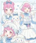 1girl :o ;d alternate_costume blue_bow blue_dress bow cinnamoroll crossover dress frills hat highres juliet_sleeves light_blush long_sleeves looking_at_viewer maid_headdress mob_cap one_eye_closed ootori_emu open_mouth pinafore_dress pink_hair puffy_sleeves sanrio seijyohu simple_background sleeveless sleeveless_dress smile white_headwear 