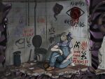 5_fingers anthro bathroom blonde_hair brown_eyes clothed clothing creepy dirty female fingers footwear graffiti hair hand_on_leg hi_res holding_object holding_weapon ill_oracle knife lagomorph leporid looking_away mammal messy overalls purple_background rabbit ribbons ruins rust shoes simple_background sitting solo tentacles toilet toilet_paper trash_can wall_(structure) weapon
