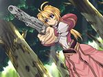  belt blonde_hair blue_eyes brave_soul caren_(brave_soul) dress dutch_angle frills game_cg glasses gun handgun long_hair mogudan navel outdoors ponytail revolver skin_tight solo tree weapon 