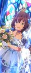  1girl animal_ears aston_machan_(haute_couture_memory)_(umamusume) aston_machan_(umamusume) blush bouquet church commentary_request crown dress ear_piercing frilled_dress frills gloves green_eyes hair_between_eyes highres holding holding_bouquet horse_ears horse_girl horse_tail jewelry necklace official_alternate_costume official_alternate_hairstyle open_mouth piercing smile solo sparkle stained_glass tail umamusume wedding_dress white_dress white_gloves yuuki_tatsuya 