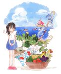  1girl bare_arms basket black_hair blouse blue_skirt blue_sky boat bowing buttons check_copyright closed_eyes closed_mouth cloud commentary_request copyright_request corn cucumber day dolphin eggplant food fruit full_body h_kawa innertube koinobori leaf leaning_forward light_blush long_hair loose_hair_strand miniskirt motion_lines ocean original outdoors own_hands_together pickle pink_footwear plant sailboat shadow shirt shoes short_sleeves side_ponytail simple_background skirt sky smile solo splashing tomato vines watercraft watermelon white_background white_shirt white_sleeves windsock wooden_floor 