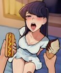  1boy 1girl arms_behind_back asymmetrical_bangs bed_sheet blue_dress blue_eyes blurry blurry_background breasts cleavage collarbone commentary covered_nipples depth_of_field dress english_commentary erection eyelashes highres holding hot_dog ice_cream_cone indoors komi-san_wa_komyushou_desu komi_shouko large_breasts long_hair loodncrood looking_at_viewer on_bed open_mouth penis pov purple_eyes purple_hair saliva shadow short_dress short_sleeves sitting teeth thighs tongue tongue_out upper_teeth_only 