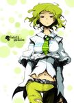  amanita_phalloides belt green_hair midriff mushroom necktie oso-teki_kinoko_gijinka_zukan oso_(toolate) personification red_eyes short_hair solo torn_clothes 