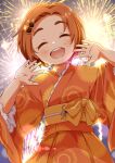  1girl :d ^_^ aerial_fireworks blush closed_eyes commentary_request fireworks flower forehead hair_flower hair_ornament hands_up highres idolmaster idolmaster_cinderella_girls japanese_clothes kimono long_sleeves night obi obijime open_mouth orange_hair orange_kimono orange_sash outdoors parted_bangs print_kimono ryuzaki_kaoru sash short_hair smile solo sunflower sunflower_hair_ornament teeth toma_(shinozaki) upper_teeth_only wide_sleeves yukata 