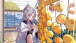  1girl animal_ear_fluff animal_ears blush bow closed_mouth commentary_request day food food_request full_body grey_hair hair_bow highres holding holding_food japanese_clothes kimono lamb_(hitsujiniku) long_sleeves obi outdoors parted_bangs pink_bow power_lines purple_eyes railing sash solo touhoku_itako utility_pole voiceroid white_kimono wide_sleeves 