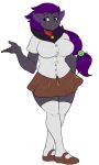  2017 5_fingers anthro black_body black_fur black_nose bottomwear breasts clothed clothing collar female fingers fur generation_5_pokemon hair humanoid_hands legwear mirasuke_inhara nintendo pokemon pokemon_(species) pokemorph ponytail purple_eyes purple_hair ruff school_uniform shiny_pokemon skidd skirt smile solo standing stockings survival_of_the_fittest thigh_highs tongue uniform zoroark 