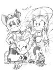  3girls absurdres amy_rose animal_ears baseball_cap bat_ears bat_girl blaze_the_cat cat_ears cat_girl cat_tail crop_top eyelashes eyeshadow fanzeem forehead_jewel furry furry_female greyscale hand_on_own_hip hat hedgehog_girl highres holding_jump_rope jump_rope makeup midriff monochrome multiple_girls ponytail rouge_the_bat shoes sketch smile sneakers sonic_(series) sportswear stretching tail 