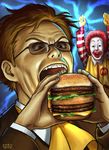  afro arms_up black_eyes brown_eyes brown_hair clown dated eating facepaint food formal glasses gloves hamburger jewelry long_sleeves male_focus matataku mcdonald's megamac multiple_boys muska necklace ran_ran_ru red_hair ronald_mcdonald signature suit sunglasses tenkuu_no_shiro_laputa yellow_gloves 