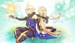  1girl artist_request back-to-back blonde_hair blue_eyes elbow_gloves emil_castagnier gloves green_eyes long_hair marta_lualdi scarf shared_scarf smile tales_of_(series) tales_of_symphonia tales_of_symphonia_knight_of_ratatosk 
