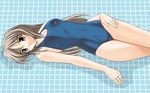  artist_request brown_hair copyright_request long_hair lying non-web_source on_back one-piece_swimsuit school_swimsuit solo swimsuit wet yellow_eyes 