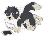 anthro arm_tuft black_nose blep canid cheek_tuft elbow_tuft facial_tuft fur glistening glistening_eyes grey_body grey_eyes grey_fur grey_hair hair hi_res leg_tuft looking_at_viewer male mammal mouth_closed narrowed_eyes nude pattern_background pillow pillow_hug princelykaden simple_background solo spotted_legs tablet_computer tongue tongue_out tuft white_body white_fur