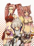  .hack//g.u. .hack//roots 1boy 2girls animal_ears artist_request bare_shoulders breasts brown_eyes brown_hair cat_ears cat_paws cleavage frown glasses gun handgun happy haseo_(.hack//) large_breasts midriff multiple_girls navel necktie paws pi_(.hack//) pink_hair purple_eyes red_eyes revealing_clothes revolver silver_hair smile tabby_(.hack//) tattoo twintails weapon 