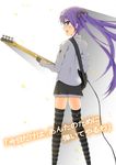  absurdres bad_id bad_pixiv_id bass_guitar hair_ribbon highres hiiragi_kagami instrument long_hair looking_back lucky_star purple_hair ribbon sakurai_mizuki solo standing striped striped_legwear thighhighs translated twintails zettai_ryouiki 