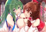  1boy 2girls asymmetrical_docking blurry blurry_background bow breast_envy breast_press breasts brown_hair censored commentary_request detached_sleeves frog_hair_ornament green_hair hair_bow hair_ornament hakurei_reimu highres indoors kochiya_sanae large_breasts long_hair looking_at_viewer medium_breasts mosaic_censoring multiple_girls open_mouth paid_reward_available paizuri pov red_bow red_shirt ribbon-trimmed_sleeves ribbon_trim shirt sidelocks speech_bubble touhou touhou7716 translation_request wide_sleeves 