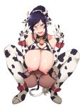  1girl aiue_oka animal_ears animal_print bell black_hair breasts cow_ears cow_horns cow_print cow_tail cowbell elbow_gloves fake_animal_ears fake_horns fake_tail gloves highres horns huge_breasts large_breasts looking_at_viewer nipples original purple_eyes solo squatting tail thighhighs v white_background 