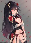  1girl absurdres alternate_costume belly black_hair black_thighhighs blush breasts clenched_hands closed_mouth dress flower fu_hua fu_hua_(blood_voivode) fu_hua_(shadow_knight) garter_straps hair_between_eyes hair_flower hair_ornament high_ponytail highres honkai_(series) honkai_impact_3rd long_hair long_sleeves looking_at_viewer navel nipples official_alternate_costume ponytail pussy red_eyes red_flower rose small_breasts solo thighhighs thighs torofu vampire watermark web_address 