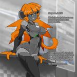 anthro areola big_breasts big_butt blender_(software) blue_eyes breasts butt dialogue female grey_body hair haplorhine hi_res looking_at_viewer machine mammal monkey navel nipples nude orange_hair primate robot smile solo square_of_light tail text thick_thighs wide_hips yellow_sclera