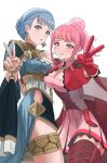  2girls alternate_costume blue_hair bracelet braid crest_of_the_beast crown_braid dancer dancer_(three_houses) dress earrings fire_emblem fire_emblem:_three_houses fire_emblem_heroes fire_emblem_warriors:_three_hopes gloves gold_belt highres hilda_valentine_goneril hoop_earrings jewelry marianne_von_edmund multiple_girls official_alternate_costume official_alternate_hairstyle pearlbbbb pelvic_curtain pink_eyes pink_hair single-shoulder_dress 