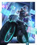  abs ahoge alhaitham_(genshin_impact) alternate_costume bare_shoulders black_gloves black_pants fingerless_gloves genshin_impact gloves grey_hair helmet highres jacket male_focus minakami_kaede motor_vehicle motorcycle muscular muscular_male night outdoors pants screen short_hair twitter_username 