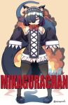  1girl animal_collar animal_ear_fluff animal_ears artist_name black_dress black_hair bow bowtie cat_ears collar detached_sleeves dress explosion full_body gradient_hair hair_over_one_eye hands_up highres lizard_tail looking_at_viewer maid maid_headdress mikagura multicolored_hair orange_background original pigeon-toed purple_hair red_collar red_eyes short_hair sleeveless sleeves_past_fingers sleeves_past_wrists solo standing tail thighhighs twitter_username very_long_sleeves 