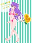  amm_kan bad_id bad_pixiv_id barefoot bikini double_bun flower long_hair lowres purple_hair ranma_1/2 red_eyes shampoo_(ranma_1/2) solo sunflower swimsuit 