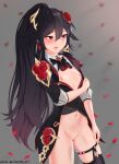  1girl absurdres alternate_costume belly black_hair black_thighhighs blush breasts clenched_hands closed_mouth dress flower fu_hua fu_hua_(blood_voivode) fu_hua_(shadow_knight) garter_straps hair_between_eyes hair_flower hair_ornament high_ponytail highres honkai_(series) honkai_impact_3rd long_hair long_sleeves looking_at_viewer navel nipples official_alternate_costume ponytail pussy red_eyes red_flower rose small_breasts solo thighhighs thighs torofu vampire watermark web_address 