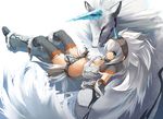  blue_eyes elbow_gloves gloves hairband horn kazuki_sanbi kirin_(armor) kirin_(monster_hunter) long_hair lying midriff monster_hunter red_eyes solo thighhighs white_hair 