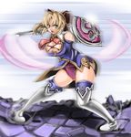  1girl armor breasts cassandra_alexandra cleavage large_breasts necktie pink_neckwear solo soulcalibur thighhighs 