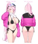  1girl ass back bikini black_bikini blue_archive blush breasts cleavage eimi_(blue_archive) eimi_(swimsuit)_(blue_archive) goggles goggles_on_head halo high_ponytail jacket large_breasts long_hair long_sleeves looking_at_viewer multiple_views navel open_clothes open_jacket pink_hair pink_jacket popqn purple_eyes scarf sidelocks ski_goggles swimsuit thighs white_scarf 