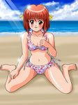  artist_request beach bikini day makihara_yukiko outdoors red_eyes red_hair short_hair solo spread_legs swimsuit tokimeki_memorial tokimeki_memorial_3 