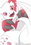 ambiguous_gender anthro biped black_eyes fangs fur generation_3_pokemon hi_res looking_at_viewer nintendo open_mouth pawpads pokemon pokemon_(species) red_body red_fur red_sclera rumine smile solo teeth white_body white_fur zangoose