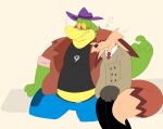 2023 4_fingers alligator alligatorid anthro belly big_belly blush bottomwear brok_(character) brok_the_investigator canid canine clothing crocodilian duo fan_character fingers fox hat headgear headwear hi_res humanoid_hands male mammal necktie overweight overweight_male pants psycotoons reptile scalie shirt sitting topwear