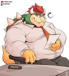 4_fingers anthro black_bottomwear black_clothing black_pants bottomwear bowser buffering claws clothed clothing collar dress_pants dress_shirt eyebrows fingers formal_clothing formal_wear fully_clothed hair horn koopa male mario_bros name_plate necktie nintendo overweight overweight_anthro overweight_male pants patreon patreon_logo patreon_username red_eyes red_hair scalie shell shirt solo spiked_collar spiked_shell spikes spikes_(anatomy) stompsthecroc thick_eyebrows topwear twitch_logo white_claws white_clothing white_shirt white_topwear