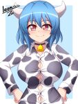  1girl animal_print blue_hair blush breasts cleavage closed_mouth commission cow_girl cow_horns cow_print fang fang_out hands_on_own_hips horns jashin-chan_dropkick large_breasts long_sleeves looking_at_viewer minos_(jashin-chan_dropkick) pajamas pink_eyes short_hair skeb_commission smile solo upper_body zetsumu 