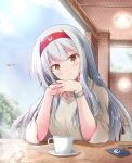  1girl bracelet breasts brown_eyes brown_sweater coffee_mug cup head_tilt headband indoors jewelry kantai_collection large_breasts long_hair looking_at_viewer medium_breasts mug red_headband ring shizuna_kaede shoukaku_(kancolle) sidelocks solo sweater very_long_hair wedding_ring white_hair window 