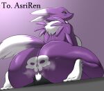 anthro asriren_(character) babyhunt4 bandai_namco big_butt black_sclera breasts butt digimon digimon_(species) digital_media_(artwork) dominant dominant_female duo facesitting female hi_res huge_butt looking_at_viewer looking_back looking_back_at_viewer mammal nude purple_body renamon rona_(asriren) sitting_on_another size_difference tail thick_thighs