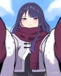  1girl absurdres alternate_costume asiri_senpai blue_sky cloud commentary contemporary day genshin_impact highres jacket long_hair purple_eyes purple_hair purple_jacket purple_scarf raiden_shogun scarf sky solo upper_body 