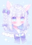  1girl animal_ears blue_background blue_eyes blue_sailor_collar blush bow braid closed_mouth commentary_request cropped_shoulders frilled_sailor_collar frills grey_hair highres himetsuki_luna looking_at_viewer original portrait purple_bow sailor_collar signature simple_background solo sparkle star_(symbol) star_in_eye symbol_in_eye twin_braids twitter_username unicorn_girl 