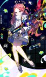  1girl absurdres blue_archive blue_eyes blush braid floating forehead grey_footwear gun halo handheld_game_console highres hiro_(yoshi_chan) holding holding_gun holding_weapon jacket long_hair long_sleeves looking_at_viewer multicolored_background nyan_cat nyanyanyanyanyanyanya!_(vocaloid) one_side_up orange_halo pixels single_braid slippers solo thighs weapon weapon_request white_jacket yuzu_(blue_archive) 
