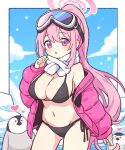  1girl :o bikini bird black_bikini blue_archive blue_sky blush breasts cloud cloudy_sky coat commentary cowboy_shot dot_nose eimi_(blue_archive) eimi_(swimsuit)_(blue_archive) goggles goggles_on_head halo heart high_ponytail large_breasts legs_apart long_hair looking_at_viewer onyhakase open_mouth outdoors outline penguin pink_coat pink_hair purple_eyes scarf side-tie_bikini_bottom sky snowing solo standing straight_hair swimsuit very_long_hair white_scarf winter winter_clothes winter_coat 