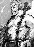  1boy bara beard closed_mouth commentary_request facial_hair feathered_wings feathers grey_background greyscale hakama heart hogen_(housamo) horns japanese_clothes kano_(kano_to10) looking_at_viewer male_focus monochrome muscular muscular_male nipples old old_man one_eye_closed pectorals pom_pom_(clothes) sash short_hair single_horn smile solo thick_eyebrows tokyo_afterschool_summoners upper_body wings 