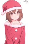  1girl :o absurdres brown_eyes brown_hair collarbone commentary english_commentary hair_between_eyes hair_ornament hairclip hat highres hirasawa_yui k-on! kurumimi_birb long_sleeves parted_lips santa_costume santa_hat short_hair simple_background solo upper_body white_background 