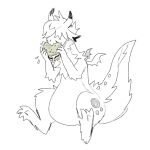 2020 ambiguous_gender anthro arm_tuft dragon eating eating_burger eating_food full-length_portrait fur furred_dragon hair hair_over_eyes horn monochrome portrait simple_background sitting slightly_chubby small_wings solo thorn_paw tuft white_background wings